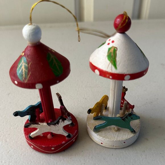 Vintage Hand Painted Wooden Carousel Merry Go Round Christmas Ornaments Lot of 2 - Picture 1 of 3